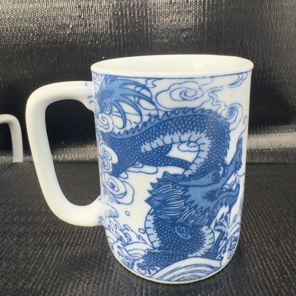 Vintage Chinese Blue Dragon Serpent Coffee Mug Cup Set 2 Stoneware Ceramic Mugs - Picture 7 of 12